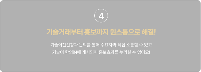 4 기술거래부터 홍보까지 원스톱으로 해결! 기술이전신청과 문의를 통해 수요자와 직접 소통할 수 있고 기술이 한의iN에 게시되어 홍보효과를 누리실 수 있어요!