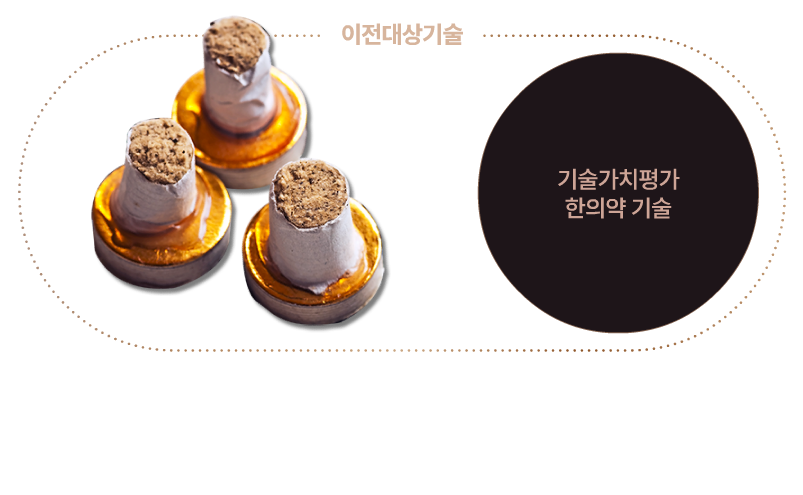 이전대상기술 기술가치평가 한의약 기술 기술가치평가란 기술의 적정 기술료 산정, 기술사업화 타당성 검토를 위해 진행하는 것으로 평가를 통해 인정받은 기술들은 상용화 가능성이 높아 경제적 가치가 큽니다.